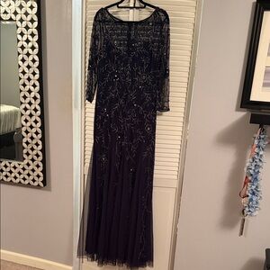 Adrianna Papell Midnight Navy Beaded Long Sleeve Evening Gown